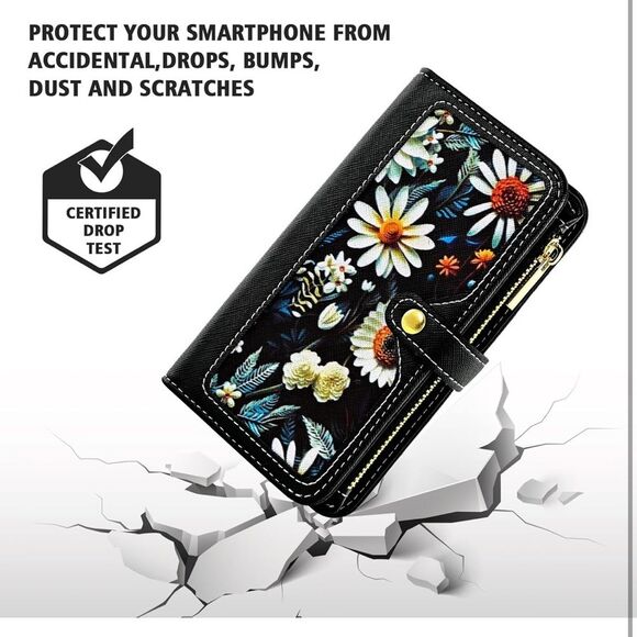 Samsung Galaxy A14 M14 5G Wallet Case Floral Wristlet Black Card Holder FC5 - Picture 7 of 8